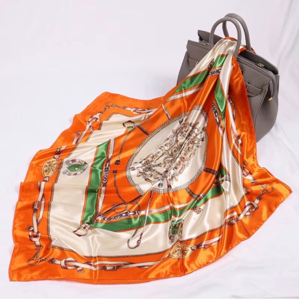 Orange‎ & Green Equestrian Print Scarf – 35” x 35” – Includes Gift Box